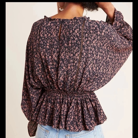 Anthropologie Nichola Peplum Blouse Medium Peasant Black Brown Floral - Picture 7 of 12